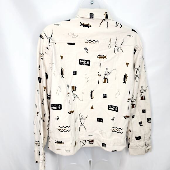 Chico's Design Vintage Tan Egyptian Hieroglyph  Fishing Print Jacket Size M - Picture 2 of 14